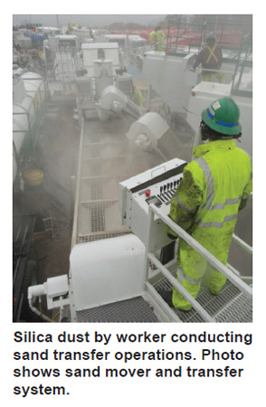 Silica dust by worker conducting sand transfer operations. Photo shows sand mover and transfer system.