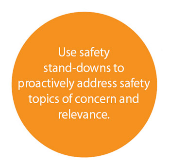 Use safety stand-downs to proactively address safety topics of concern and revelance.