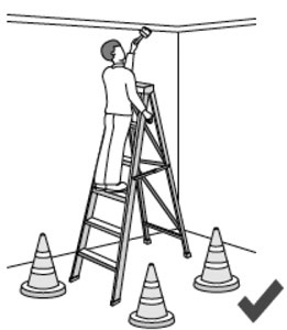 Illustration of a person on a ladder, painting a ceiling. The ladder is surrounded by safety cones.