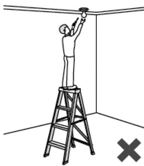 Illustration of a person improperly standing on the top rung of a ladder, while painting a ceiling.