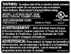 Wagner heat gun label model number ht3500 ace hardware issueance 