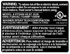 Wagner heat gun label model number ht3500