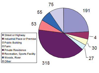 Pie Chart showing Locations where landscape services worker fatalities occurred, 2003 – 2006.