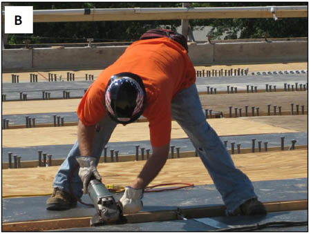 B – preparing weld locations with an angle grinder.