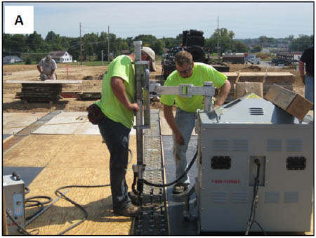 B – preparing weld locations with an angle grinder.