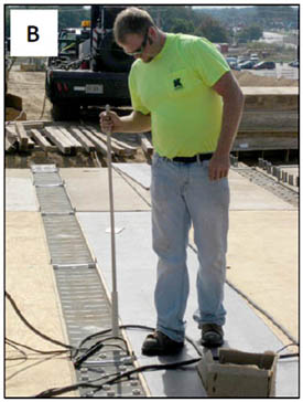 B – preparing weld locations with an angle grinder.