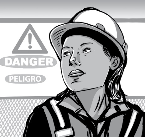 Illustration of a woman in front of a "danger" sign