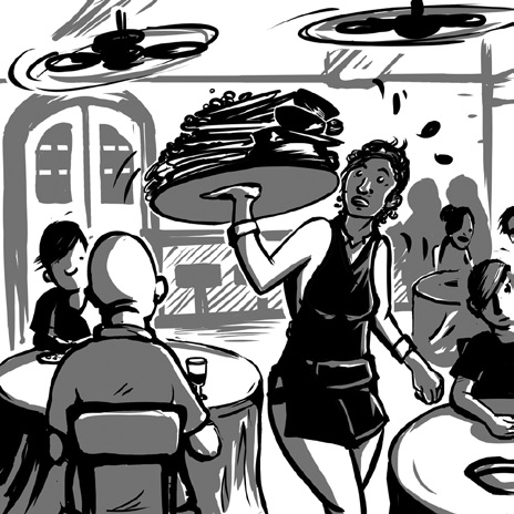 Illustration of a server at work in a restaurant