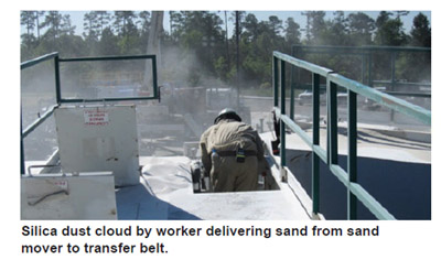 Silica dust cloud by worker delivering sand from sand
mover to transfer belt..