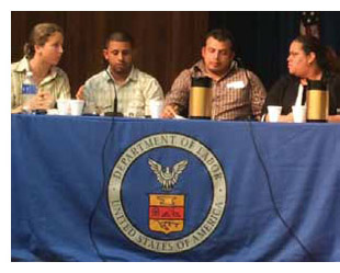 Translator Susanna Duncan works with New Labor’s Norlan Trejo, Jonass Mendoza, and Marien Casillas-Pabellon to ensure their testimony to OSHA isn’t lost in translation.