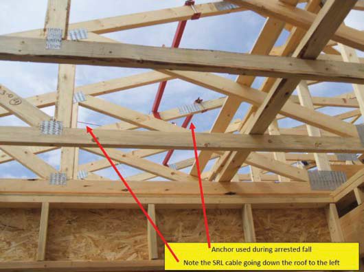 Photo 3: Underside of truss system and anchor used in arrested fall.
