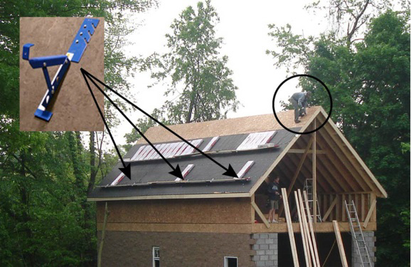 Figure 3. Left – Typical roof construction, using roof jacks (inset, upper left) for
placement of supplies and fall protection. An unrestrained worker is shown (in circle) at
the roof peak.