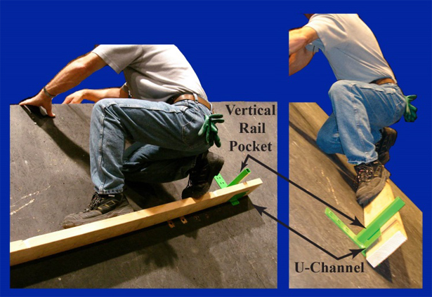 Figure 5. Two views of the slide guard base with
2-by-6 lumber inserted into the U-channel.