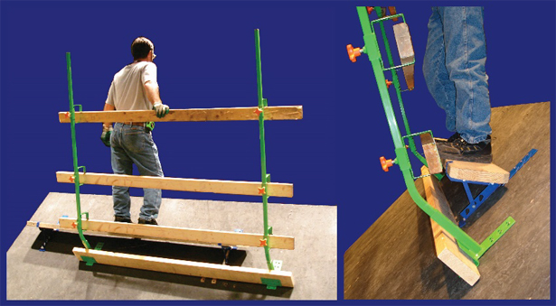 Figure 6. Two views of slide guard base set-up, equipped
with an OSHA-compliant guardrail.