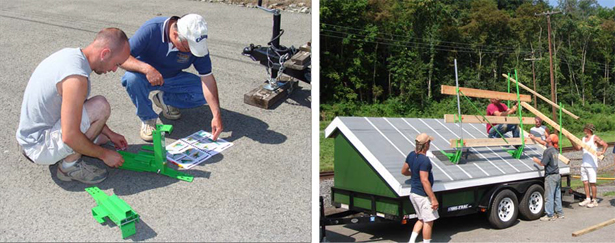 Fig 7. Left - Contractor 1 workers using the NIOSH-prepared instruction to set roof
bracket slope angle. Right – Contactor 2 workers installing the guardrail system on the
WVU mobile rooftop training trailer.