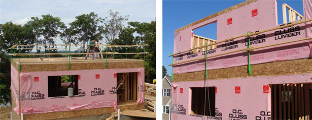 Figure 8. Left - A guardrail system is using vertical offset bases for an unguarded floor
perimeter. Right – Vertical offset system was left in place while second story walls were set.