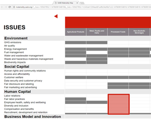 Materiality: Image shows a screen capture of the Sustainability Accounting Standards Board's Materiality Map for the processed food sector. It identifies various issues, including environment, social capital, human capital, etc. that are evaluated for their materiality in each industry sector. For the processed food sector, the image shows a red highlighted area for all of the human capital issues, indicating that none of these issues, including labor relations, fair labor practice, employee health, safety, and well-being, diversity, and inclusion, compensation and benefits, and recruitment, development, and retention, were identified as material for this sector.