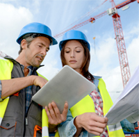 A man and a woman speaking about a plan while on the worksite