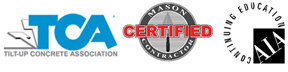 Logos for tilt-up concrete association, certified mason contractor, AIA continuing education