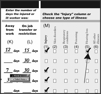 This picture shows a checklist where the injury column for hearing loss is checked.