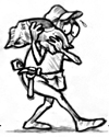 figure carrying a bag on shoulder