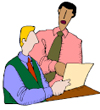 graphic of two men discussing a document