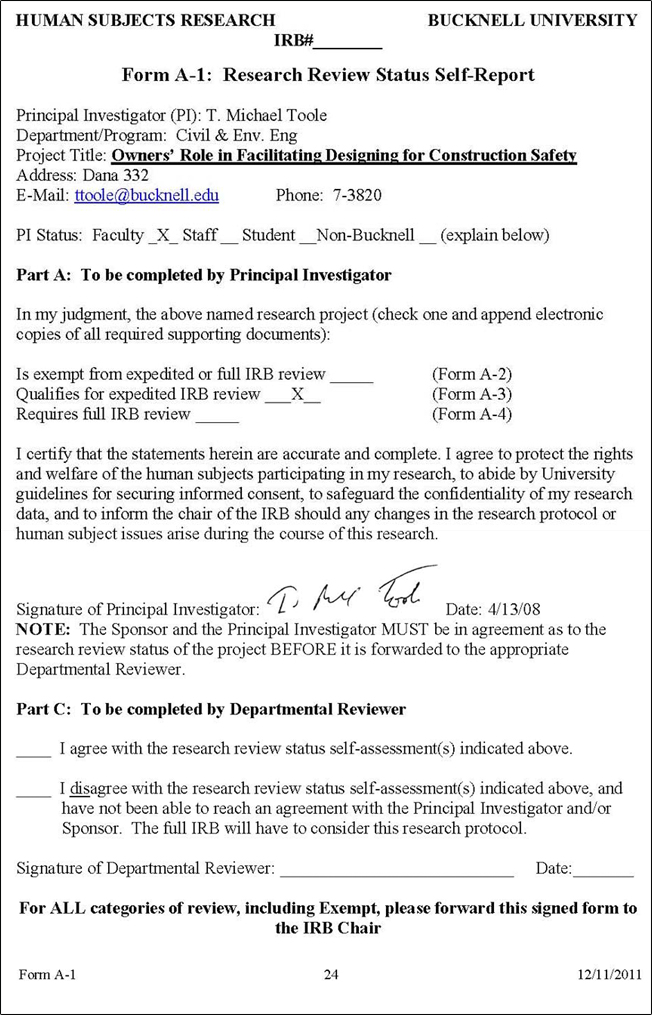 Human Subjects Research A-1 form