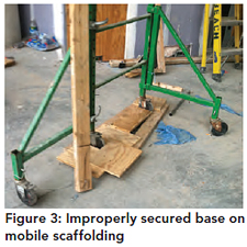 Figure 3: Improperly secured base on mobile scaffolding