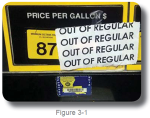 out of gasoline sign on a gas pump