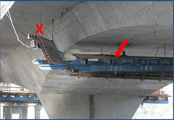 Incident scene showing the concrete form suspended below the bridge. The X indicates where the victim was working when he fell. The arrow indicates the anchor point of his retractable lifeline.