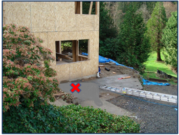 Incident scene showing where the victim landed (indicated by “X”)
on a concrete surface after falling 18 feet from the roof. As he fell
he knocked down the unsecured ladder.