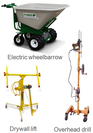 wheel barrow powered, drywall lift, and overhead drill as functional products for safety and stability