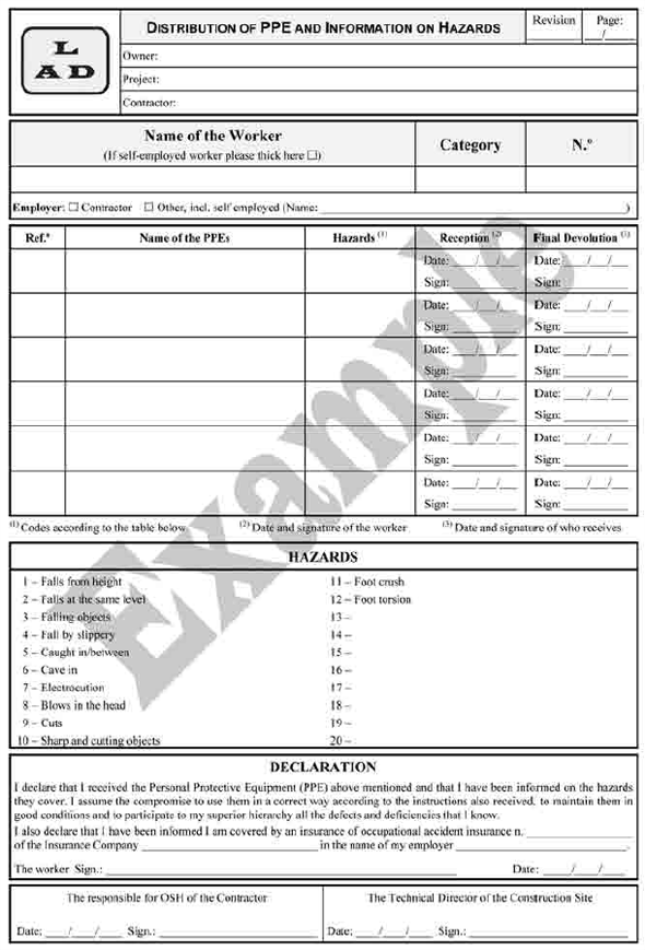 Figure 22 – Form for recording the distribution of PPE and information on hazards/risks