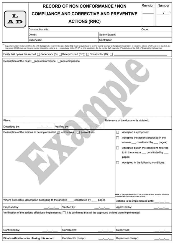 Figure 37 – Form for recording the non conformance/compliance and corrective/preventive actions