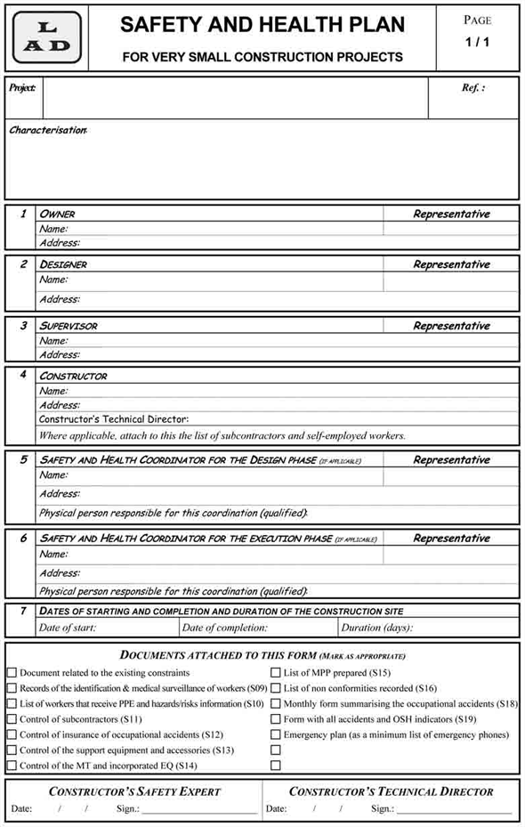 Figure 43 – Form for a safety and health plan for very small construction projects